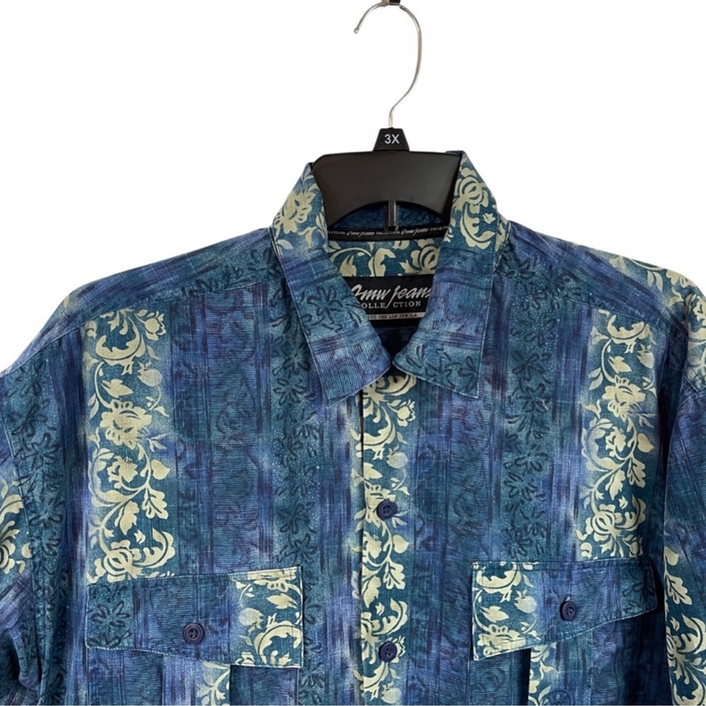 Vintage Floral Stripe Hawaiian Shirt XL Blue Tan - Picture 2 of 10